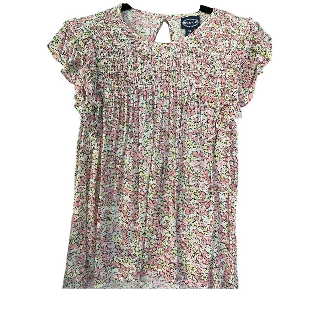 Scoop Double Ruffle Flutter Sleeve Top Pink‎ Yellow Floral Smocked Blouse XS NEW
